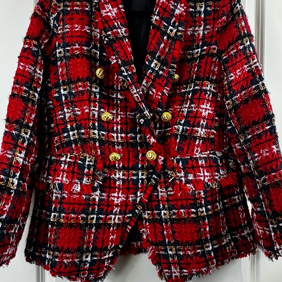 Red Tweed Plaid Blazer - Size M - Picture 3 of 6